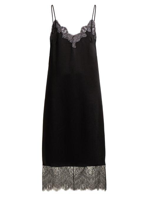 Matchesfashion.com Valentino - Lace Trimmed Hammered Silk Satin Slip Dress - Womens - Black