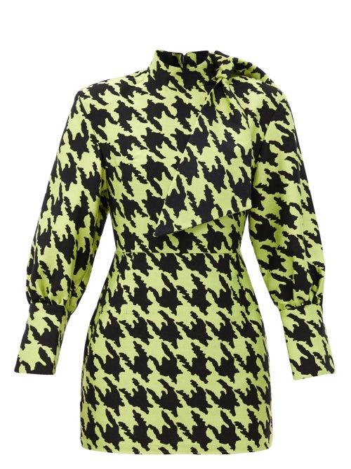 Matchesfashion.com Elzinga - Neck-tie Houndstooth-jacquard Mini Dress - Womens - Black Green