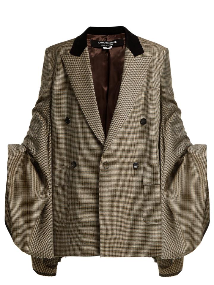 Junya Watanabe Houndstooth Check Ruched-sleeve Wool Blazer