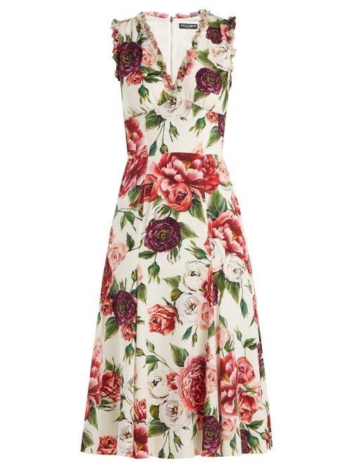 Matchesfashion.com Dolce & Gabbana - Peony And Rose Print Crepe De Chine Midi Dress - Womens - White Multi