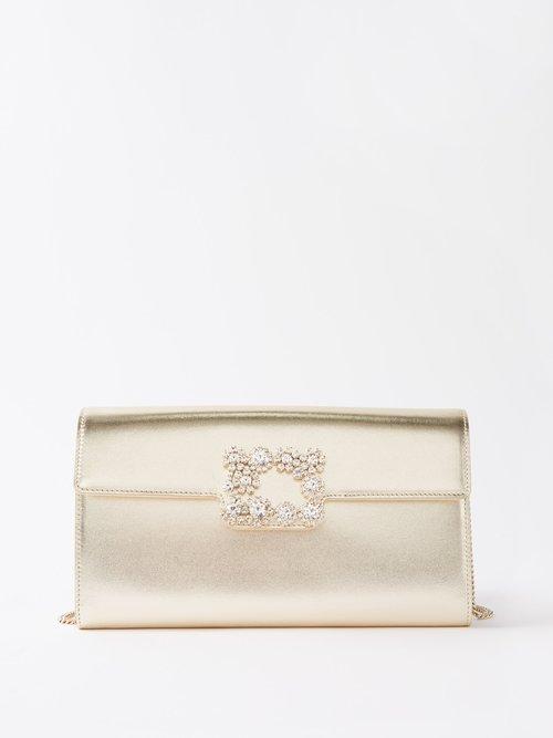 Roger Vivier - Flower Strass Metallic-leather Envelope Clutch Bag - Womens - Gold