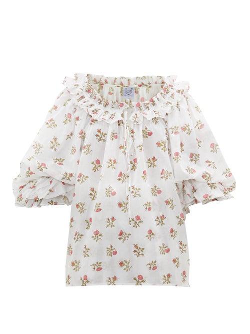 Matchesfashion.com Thierry Colson - Roussia Draped Floral-print Cotton Blouse - Womens - White Print