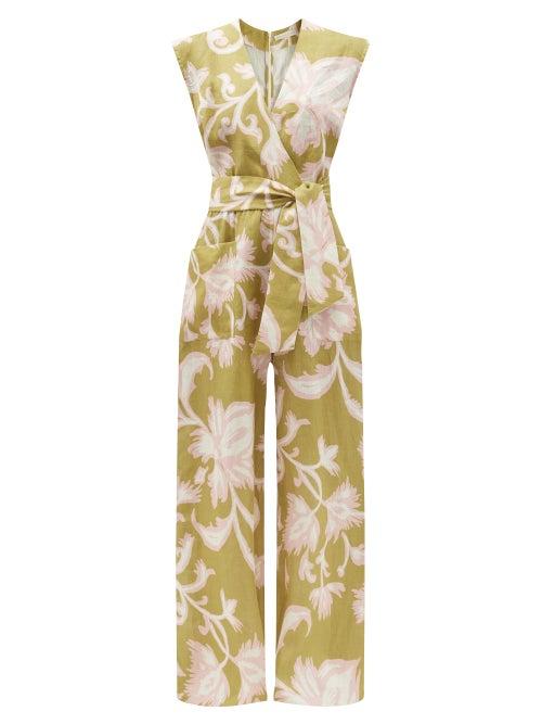 Matchesfashion.com Cala De La Cruz - Madeline Floral-print Linen Wide-leg Jumpsuit - Womens - Green Multi