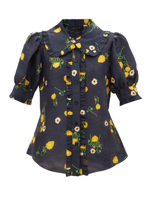 Lee Mathews - Ketty Ruffled Floral-print Linen-blend Blouse - Womens - Navy Multi