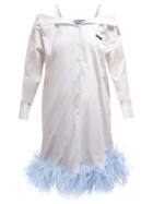 Matchesfashion.com Prada - Feather Trimmed Off The Shoulder Cotton Shirtdress - Womens - White Multi