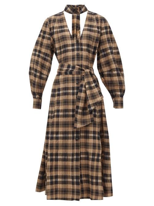 Matchesfashion.com Ganni - Checked Cotton Seersucker Midi Dress - Womens - Beige