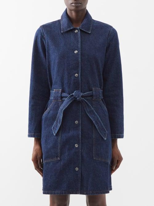 A.p.c. - Point-collar Belted Denim Dress - Womens - Dark Blue