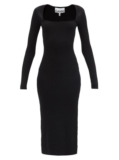 Ladies Rtw Ganni - Square-neck Ribbed-knit Midi Dress - Womens - Black