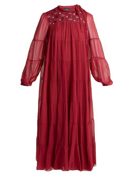 Matchesfashion.com Giambattista Valli - Macram Lace Tiered Silk Chiffon Dress - Womens - Burgundy