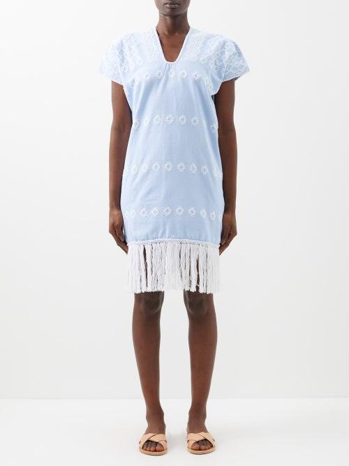 Pippa Holt - Tasselled And Embroidered Cotton Kaftan Dress - Womens - Blue White