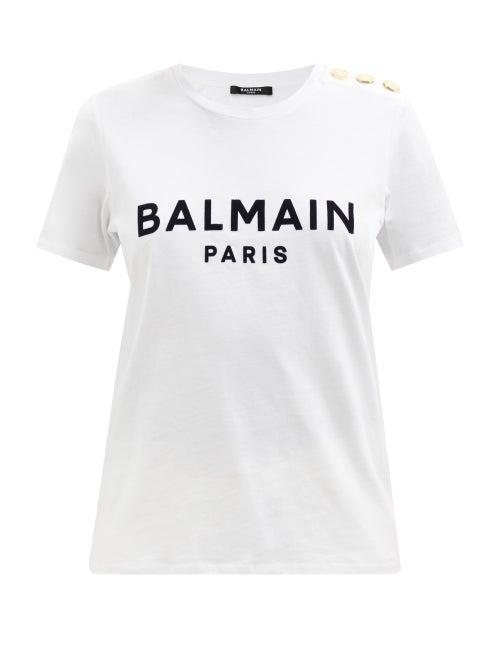 Balmain - Button Embellished Logo-print Cotton T-shirt - Womens - White Black