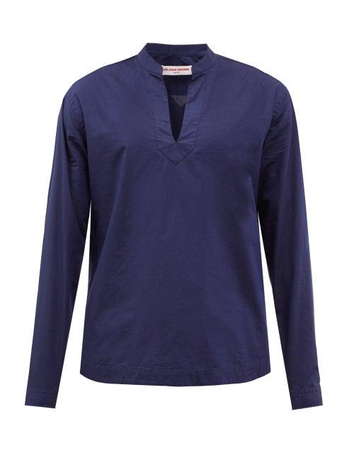 Orlebar Brown - Orion V-neck Stand-collar Cotton-poplin Shirt - Mens - Dark Navy