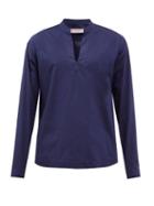 Orlebar Brown - Orion V-neck Stand-collar Cotton-poplin Shirt - Mens - Dark Navy