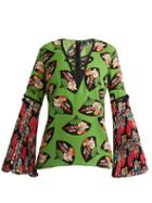 Matchesfashion.com Andrew Gn - Flared Sleeve Fan Print Silk Top - Womens - Green Multi