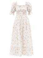 Matchesfashion.com Lug Von Siga - Elisa Shirred Floral-print Cotton-poplin Dress - Womens - White Multi