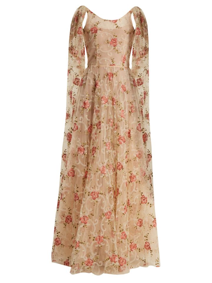 Luisa Beccaria Scoop-neck Floral-embroidered Tulle Gown