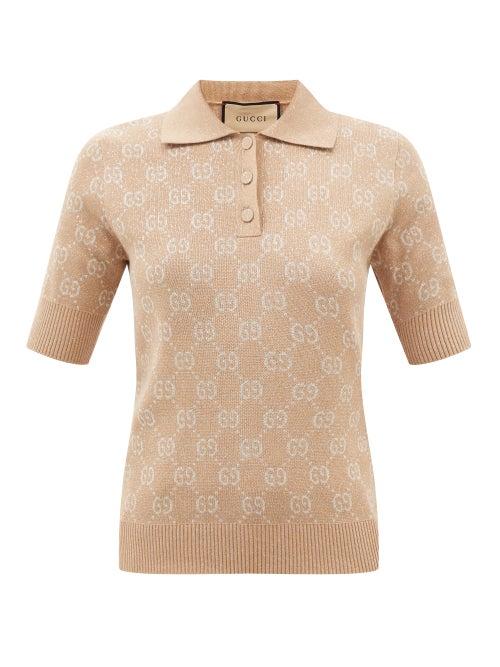 Gucci - Gg-monogram Metallic Cotton-blend Polo Top - Womens - Camel
