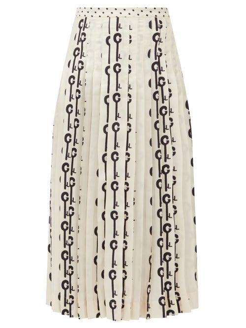 Matchesfashion.com La Prestic Ouiston - Gabrielle Good Luck-print Pleated Silk Skirt - Womens - White Black