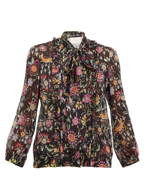 Matchesfashion.com La Doublej - Bronte Babe-print Pussy-bow Silk-chiffon Blouse - Womens - Black Print