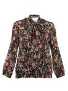 Matchesfashion.com La Doublej - Bronte Babe-print Pussy-bow Silk-chiffon Blouse - Womens - Black Print