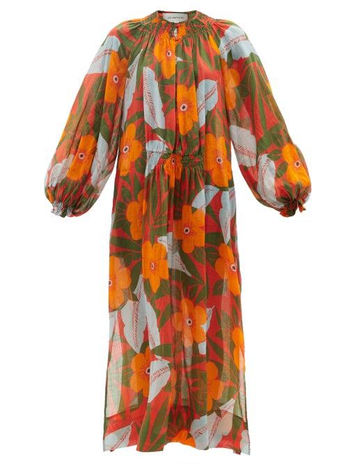 Ladies Rtw Lee Mathews - Oleander Shirred Hibiscus-print Ramie Maxi Dress - Womens - Orange Multi