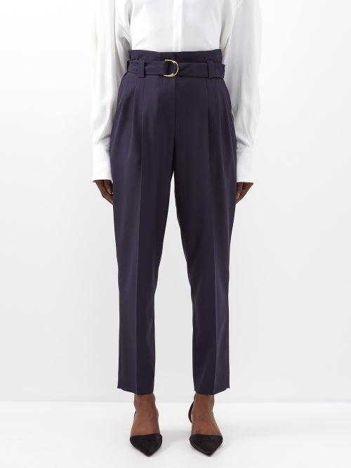 Another Tomorrow - Paperbag-waist Pleated Wool Trousers - Womens - Navy