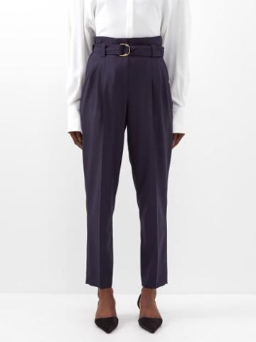 Another Tomorrow - Paperbag-waist Pleated Wool Trousers - Womens - Navy