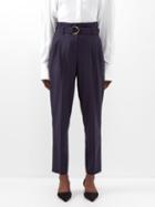 Another Tomorrow - Paperbag-waist Pleated Wool Trousers - Womens - Navy