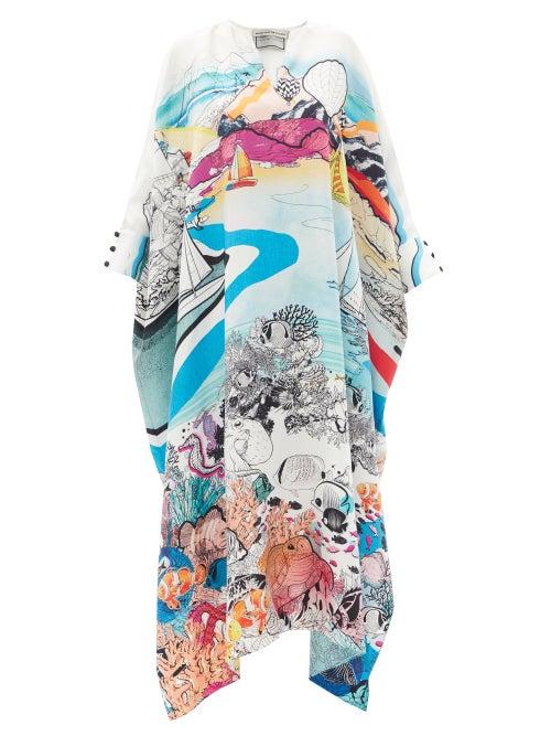 Ladies Beachwear Mary Mare - Zante Ocean-print Silk Kaftan - Womens - Blue Multi