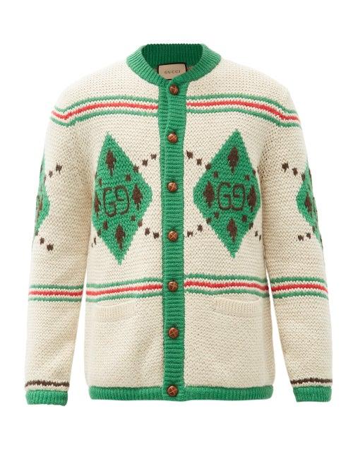 Matchesfashion.com Gucci - Gg-logo Macro-argyle Alpaca-blend Cardigan - Mens - Ivory