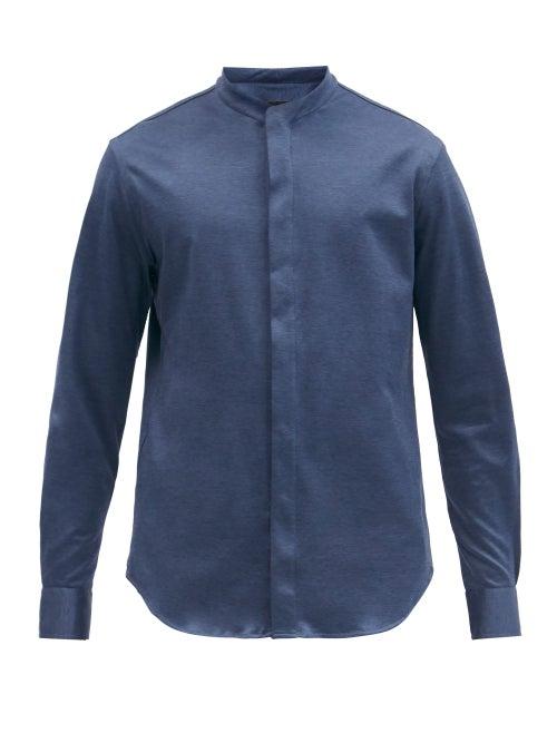 Matchesfashion.com Giorgio Armani - Grandad-collar Cotton-jersey Shirt - Mens - Navy