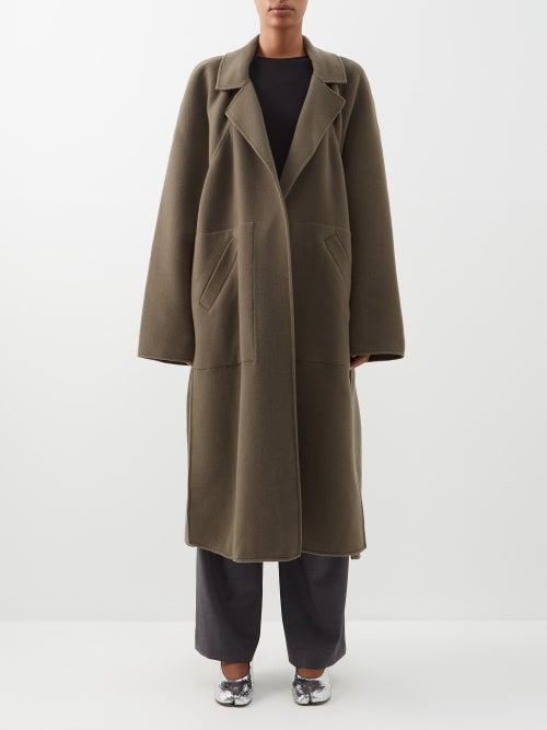Raey - Exaggerated-shoulder Split-side Wool Coat - Womens - Dark Khaki