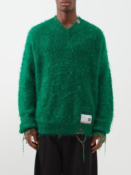 Mihara Yasuhiro - V-neck Distressed Wool-blend Sweater - Mens - Green