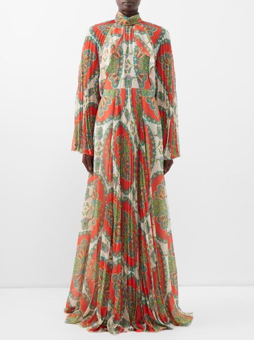 Etro - Skylark Pleated-cape Paisley-print Gown - Womens - Red