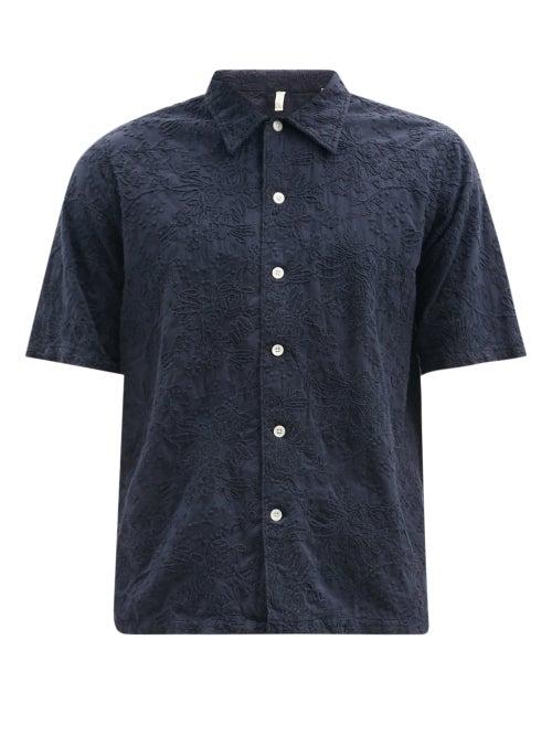 Matchesfashion.com Sunflower - Space Floral-embroidered Cotton-poplin Shirt - Mens - Navy