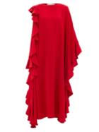 Ladies Rtw Valentino - Waterfall-flounce Cape-sleeve Silk-crepe Gown - Womens - Red