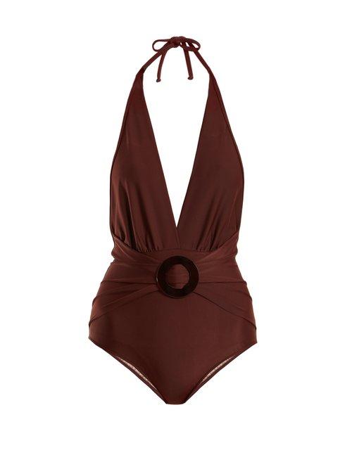 Matchesfashion.com Adriana Degreas - Halterneck Deep V Neck Swimsuit - Womens - Brown