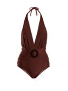 Matchesfashion.com Adriana Degreas - Halterneck Deep V Neck Swimsuit - Womens - Brown