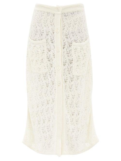 Le Kasha - Feuillage Crochet Linen Midi Skirt - Womens - White