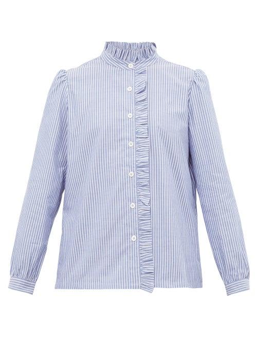 Matchesfashion.com A.p.c. - Dunst Ruffle Trim Striped Cotton Blouse - Womens - Light Blue
