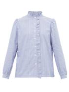 Matchesfashion.com A.p.c. - Dunst Ruffle Trim Striped Cotton Blouse - Womens - Light Blue