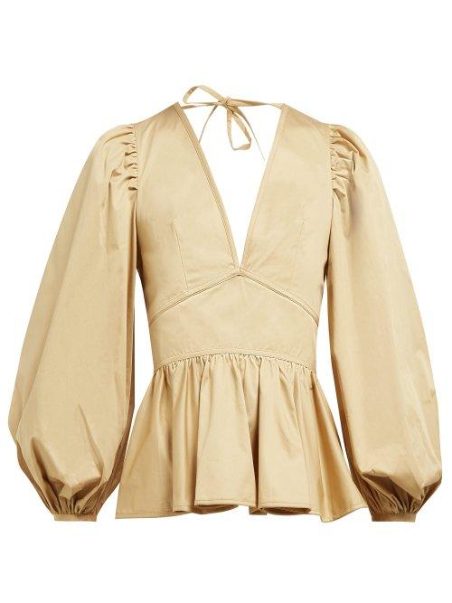 Matchesfashion.com Staud - Luna Puff Sleeve V Neck Peplum Cotton Top - Womens - Beige
