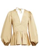 Matchesfashion.com Staud - Luna Puff Sleeve V Neck Peplum Cotton Top - Womens - Beige
