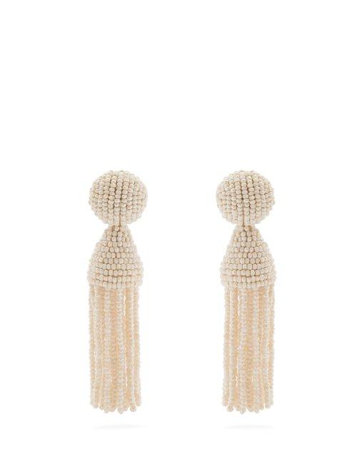 Matchesfashion.com Oscar De La Renta - Bead Embellished Tassel Drop Earrings - Womens - White