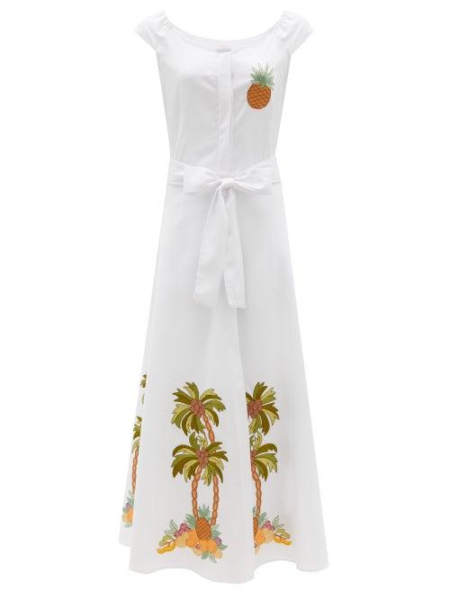 Matchesfashion.com Loretta Caponi - Marzia Tree-embroidered Cotton-piqu Midi Dress - Womens - White Multi