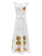 Matchesfashion.com Loretta Caponi - Marzia Tree-embroidered Cotton-piqu Midi Dress - Womens - White Multi
