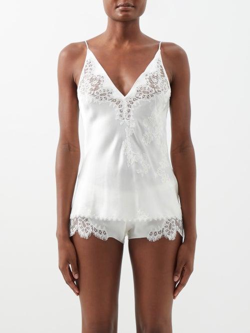 Carine Gilson - V-neck Lace-trim Silk-satin Camisole - Womens - White