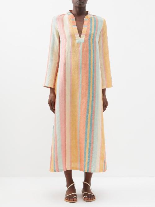 Emporio Sirenuse - Giada Striped Linen Kaftan - Womens - Rainbow
