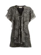 Matchesfashion.com Saint Laurent - Paisley Print Ruffled Silk Georgette Mini Dress - Womens - Black White