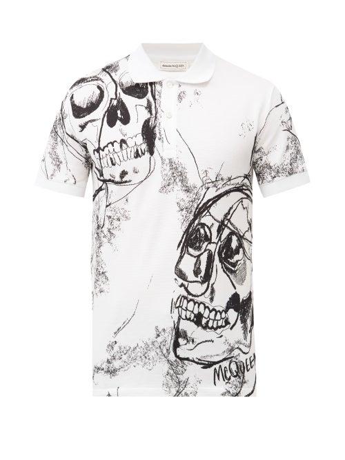 Matchesfashion.com Alexander Mcqueen - Skull-print Cotton-piqu Polo Shirt - Mens - White